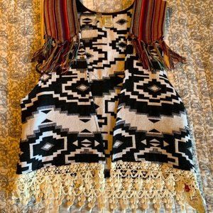 BKE Tribal Print Fringe And Crochet Vest